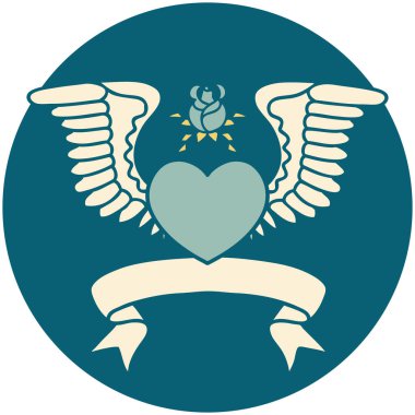 Kanatlı bir kalbin bayrağıyla dövme stili simgesi