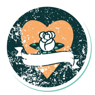 İkonik ıstıraplı dövme stili kalp gülü ve bayrağın görüntüsü 