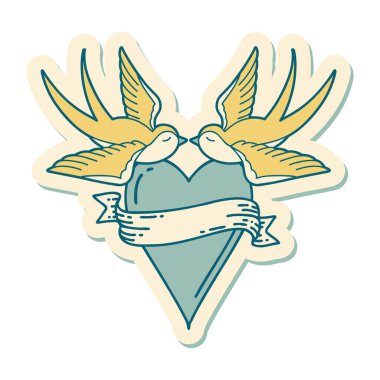 Geleneksel kırlangıç stili dövme çıkartması ve sancaklı bir kalp