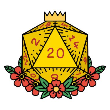 Retro Dövme Biçimi Doğal 20 D20 zarlar Çiçekli elementlerle yuvarlanır