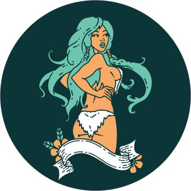 Geleneksel stil dövmeli pankartlı Viking kız dövmesi.