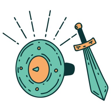 Geleneksel dövme stili kalkanın ve kılıcın çizimi