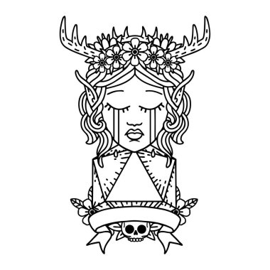 Siyah ve Beyaz Dövme çizim Biçimli üzgün elf karakter yüzü D20 ruloyla