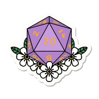 Doğal bir 20 D20 zarının çıkartması. Çiçekli elementlerle birlikte.