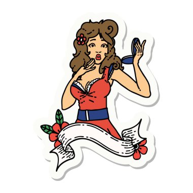 Geleneksel stil dövme çıkartması. Afişi olan şaşırmış bir kız.