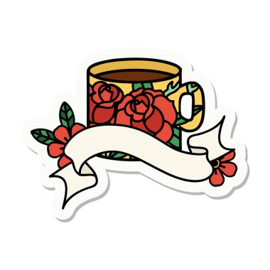 Fincanın ve çiçeklerin bayrağıyla dövme stili çıkartması