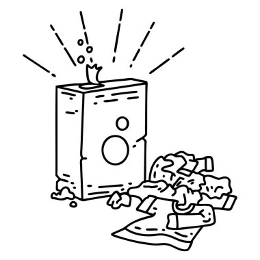 Geleneksel siyah çizginin, dövme stili deterjanın ve giysi yığınının çizimi