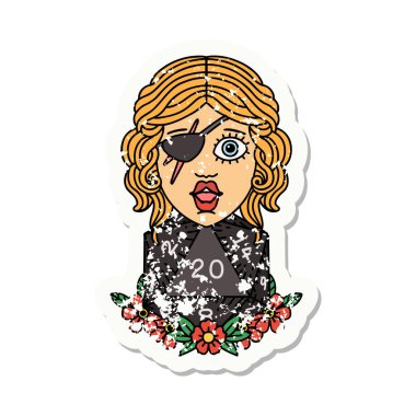 Doğal yirmilik zarlı bir insan hırsızının grunge sticker 'ı