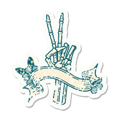 Bir iskeletin bayrağıyla eski bir çıkartma barış işareti veriyor. 