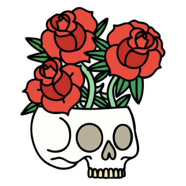 Geleneksel kafatası ve gül şeklinde dövme