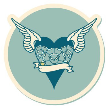 Geleneksel bir dövme stili. Çiçek ve bayrak taşıyan uçan kalp stili.