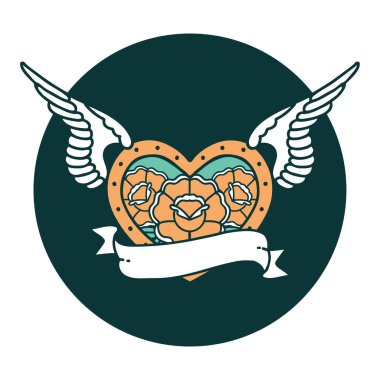 Çiçek ve bayrak taşıyan uçan bir kalbin ikonik dövme görüntüsü