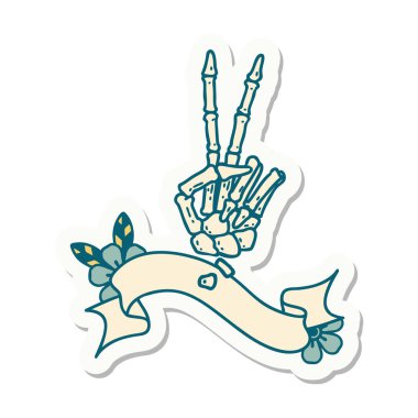 Dövme stili çıkartma. İskelet sancağıyla barış işareti veriyor. 