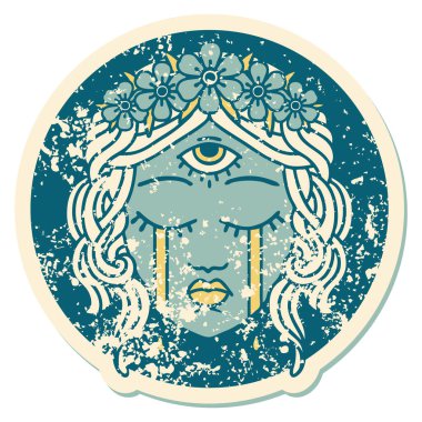 İkonik ıstıraplı dövme stili mistik üçüncü gözü ağlayan kadın yüzü.