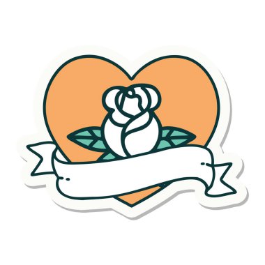 Dövme çıkartması geleneksel tarz bir kalp gülü ve bayrağı 