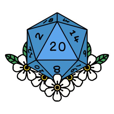 Retro Dövme Biçimi Doğal 20 D20 zarlar Çiçekli elementlerle yuvarlanır