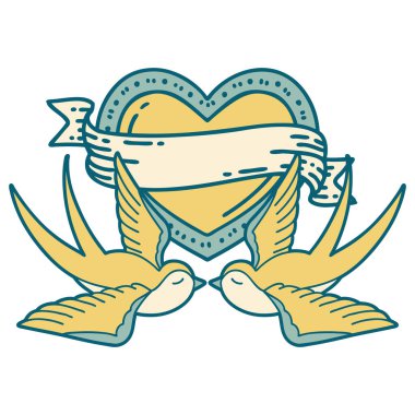 Kırlangıçların ikonik dövme şekli ve sancaklı bir kalp.