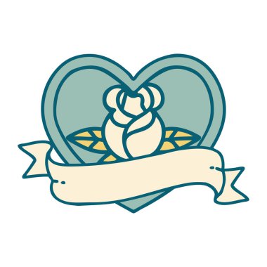 İkonik dövme tarzı bir kalp gülü ve bayrağının görüntüsü 