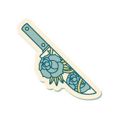 Geleneksel bir hançer ve çiçek stili dövme çıkartması.