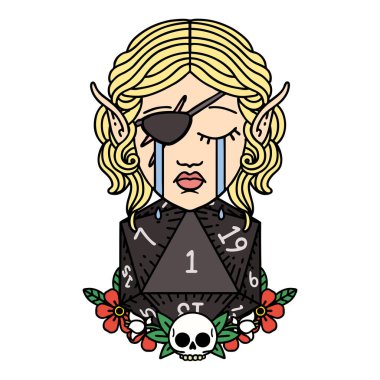 Retro Dövme Tarzı ağlayan elf haylaz karakter yüzü ve doğal bir D20 rulo