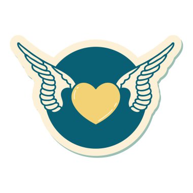 Kanatlı bir kalbin geleneksel stiliyle dövme çıkartması.