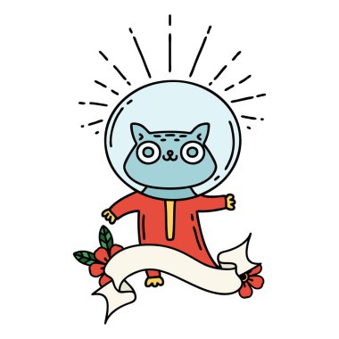 Astronot kostümlü dövme stili kedili parşömen.