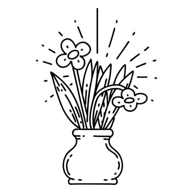 Geleneksel siyah çizginin resmi vazoda dövme tarzı çiçekler