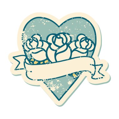 ikonik sıkıntılı dövme stili bir kalp ve çiçekli pankart