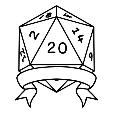 Black and White Tattoo linework Style natural 20 critical hit D20 dice roll clipart