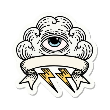 Her şeyi gören bir göz bulutunun bayrağına sahip dövme stili çıkartması