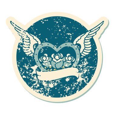 Çiçek ve bayrak taşıyan uçan bir kalbin ikonik kederli dövme görüntüsü