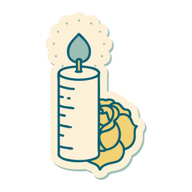 Geleneksel bir mum ve gül stili dövme çıkartması.