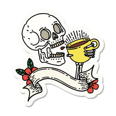 Kahve içen kafatası dövmeli çıkartma.