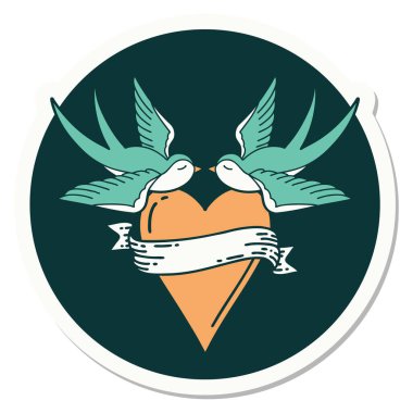 Geleneksel kırlangıç stili dövme çıkartması ve sancaklı bir kalp