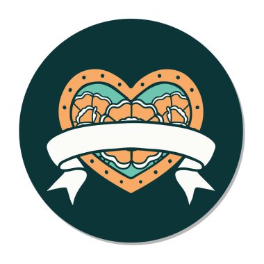 Geleneksel kalp stili dövme çıkartması ve çiçekli pankart.