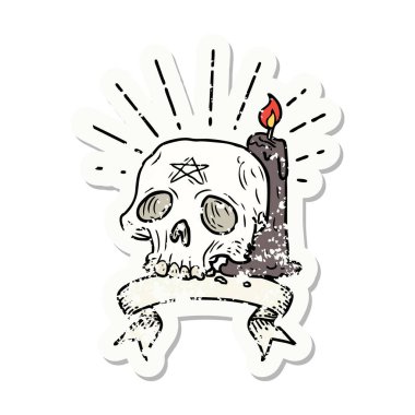 Dövme stili eski bir çıkartma. Ürkütücü kafatası ve mum.