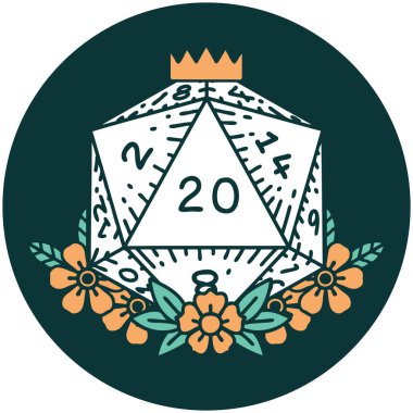 Doğal 20 D20 zarının ikonu çiçek elementleriyle yuvarlanıyor