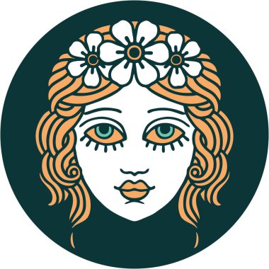 ikonik dövme stili çiçek taçlı kadın yüzü.