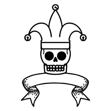 Kafatası soytarısı dövmeli geleneksel siyah çizgi dövmesi.