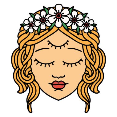 Üçüncü gözü olan geleneksel kadın yüzü dövmesi.