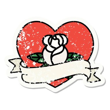 Üzüntülü etiket dövmesi geleneksel stil bir kalp gül ve bayrak 