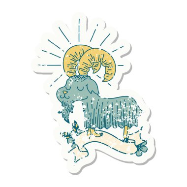 Dövme stili eski bir çıkartma. Mutlu keçi.