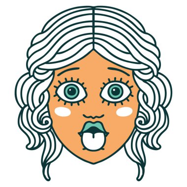 Dilini dışarı çıkaran kadın yüzünün ikonik dövme görüntüsü