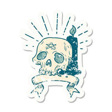 Dövme stili eski bir çıkartma. Ürkütücü kafatası ve mum.