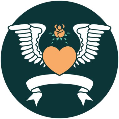 Kanatlı bir kalbin bayrağıyla dövme stili simgesi