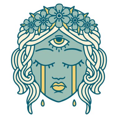 İkonik dövme stili. Ağlayan mistik üçüncü gözü olan kadın yüzü.