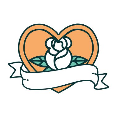 İkonik dövme tarzı bir kalp gülü ve bayrağının görüntüsü 