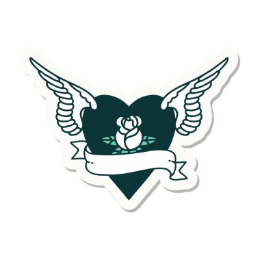 Geleneksel kalp tarzında bir dövme çıkartması. Kanatlı ve sancaklı.