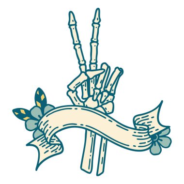 İskelet dövmeli geleneksel dövme barış işareti veriyor. 