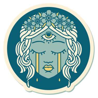 Geleneksel kadın yüzü stili dövme çıkartması. Mistik üçüncü göz ağlıyor.